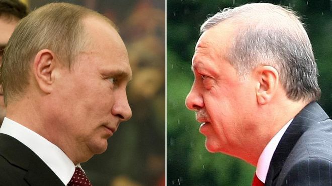 Составное изображение, показывающее президента России Путина (слева) и Эрдогана Турции (справа) - декабрь 2015 года