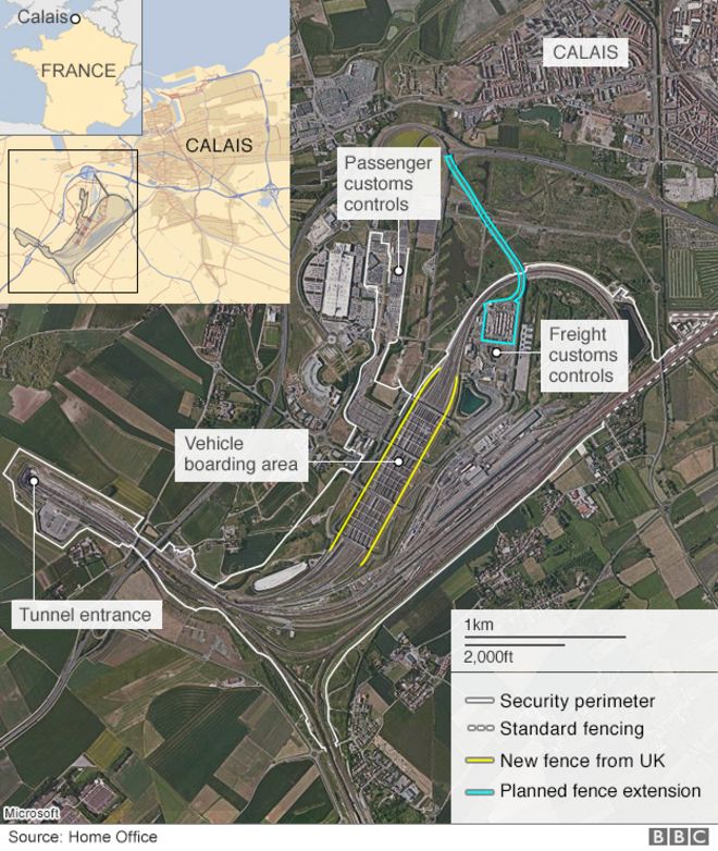 Спутниковое изображение, обозначающее периметр площадки Евротоннеля в Кале
