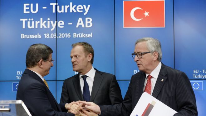 Лидеры (слева направо) премьер-министр Турции Ахмет Давутоглу, президент Европейского совета Дональд Туск (С) и президент Комиссии ЕС Жан-Клод Юнкер (справа), март 2016 года