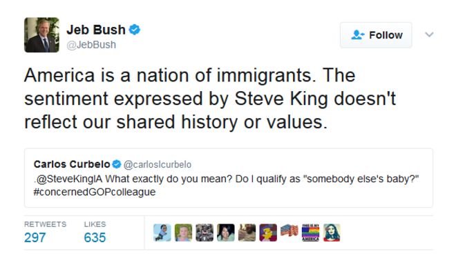Джеб Буш пишет в Твиттере: «Америка - это нация иммигрантов. Чувство, выраженное Стивом Кингом, не отражает нашу общую историю или ценности.
