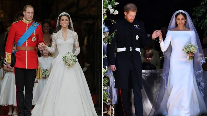 Герцог и герцогиня Кембриджские в день своей свадьбы (слева) вместе с принцем Гарри и Меган Маркл (справа)