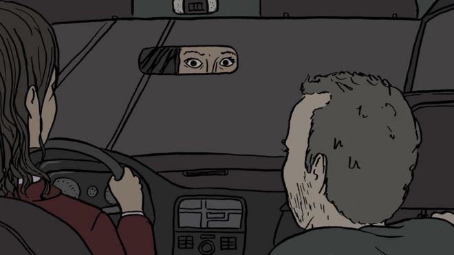 Ilustração de motorista de Uber assustada olhando pelo retrovisor