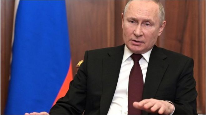 Russia's President Vladimir Putin addresses the nation in Moscow, Russia on February 22, 2022.