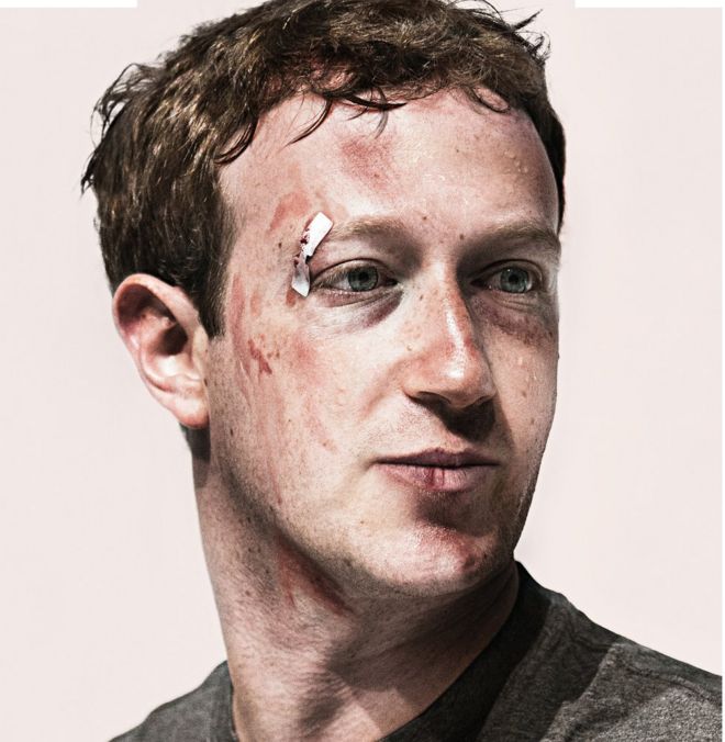 Ушибленный Марк Цукерберг на обложке мартовского издания журнала Wired. Фото-иллюстрация была создана Джейком Роулендом, художником из Нью-Йорка.
