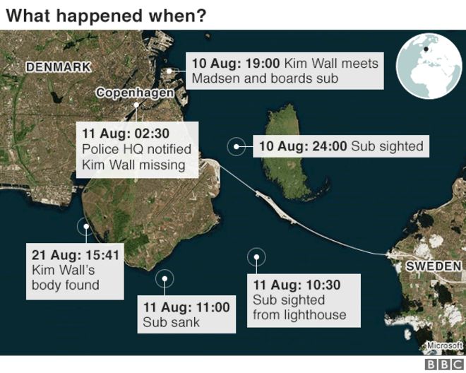 Карта, показывающая район Копенгагена, движения подводной лодки 10 и 11 августа и место, где было найдено тело Ким Уолл