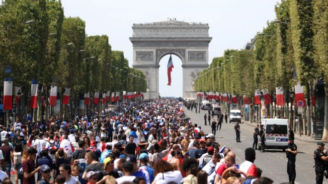 Preperations for celebrations on the Champs Elysées, 16 July