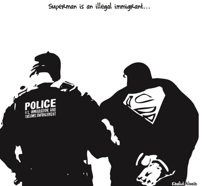 Мультфильм, показывающий, что Супермен был арестован сотрудниками иммиграционной службы в США