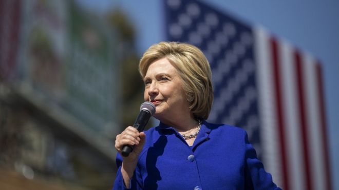 Democratic presidential candidate Hillary Clinton speaks at the South Los Angeles Get Out The Vote Rally at Leimert Park Village Plaza on June 6, 2016