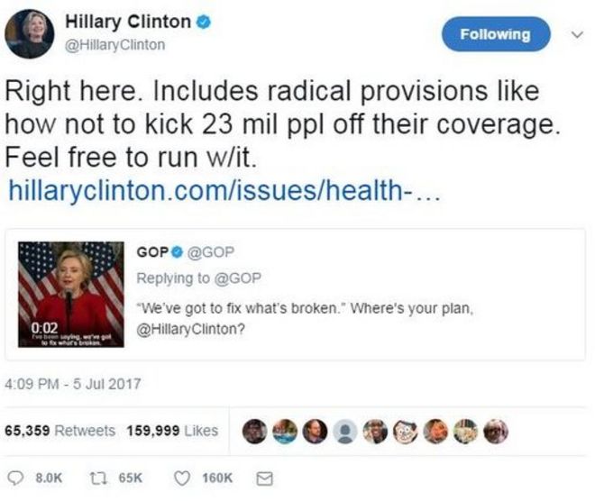Хиллари Клинтон отвечает на твит Республиканской партии.