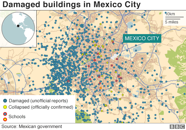 Карта показывает поврежденные здания в Мехико