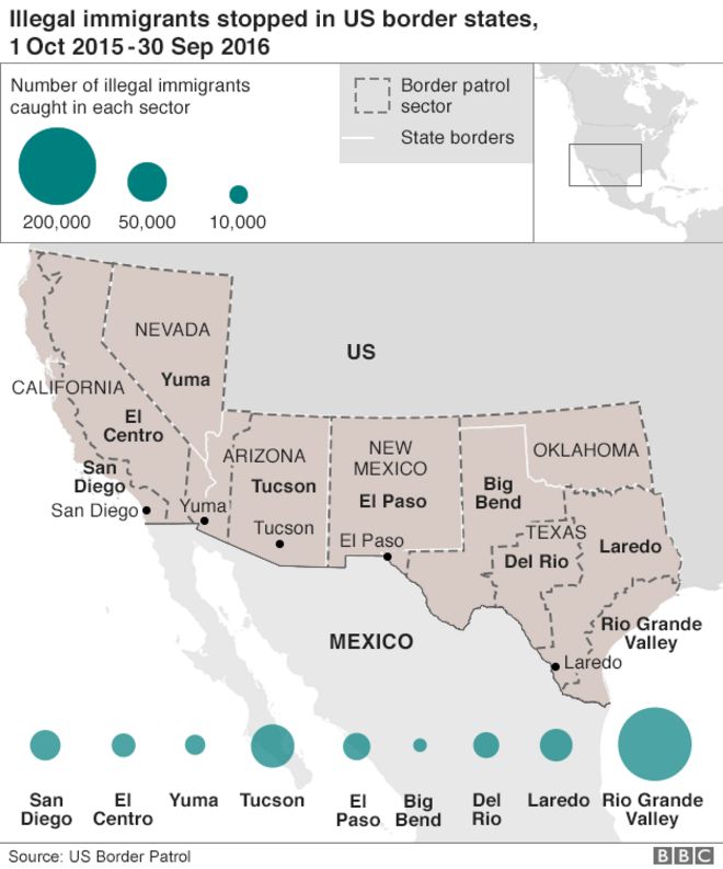 Карта, показывающая, где содержится большинство иммигрантов, въезжающих в США из Мексики, самой высокой из которых являются долина Рио-Гранде и Тусон, штат Аризона, сентябрь 2016 года