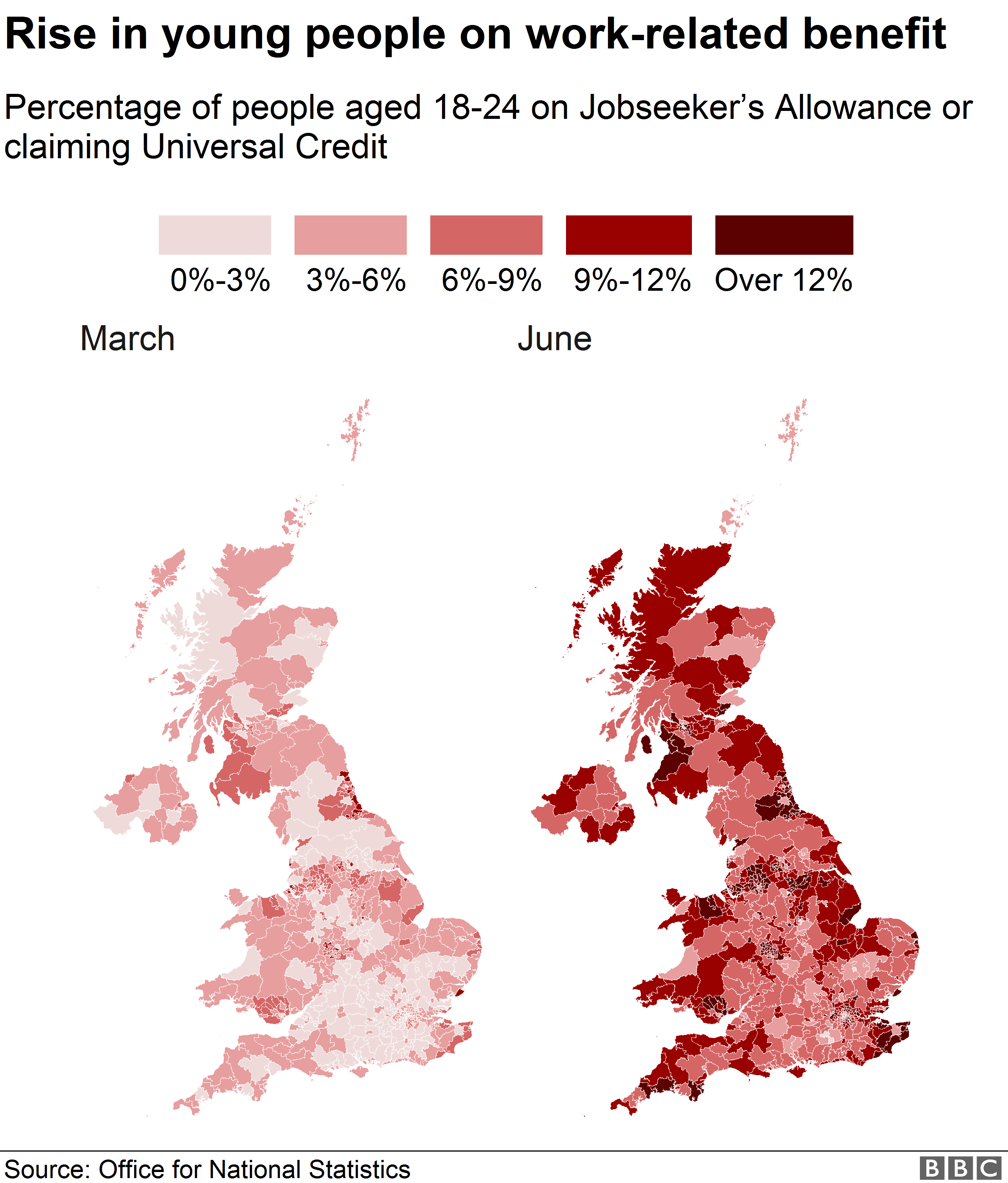 Карта Великобритании показывает, где находится самая высокая доля лиц, претендующих на пособие по безработице.
