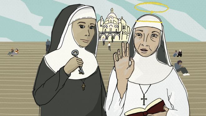 Иллюстрация монахинь на ступеньках перед Сакре-Кер