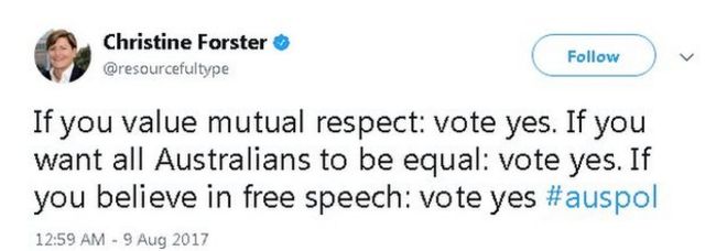 Tweet гласит: Если вы цените взаимное уважение: проголосуйте за. Если вы хотите, чтобы все австралийцы были равны: проголосуйте за. Если вы верите в свободу слова: проголосуйте да #auspol