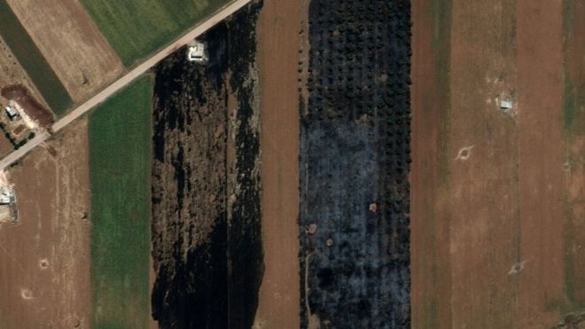 Спутниковое изображение, выпущенное DigitalGlobe / Maxar Technologies, показывающее сожженные сельскохозяйственные угодья вблизи Кафр-Набуда, в северной провинции Хама, Сирия (26 мая 2019 года)