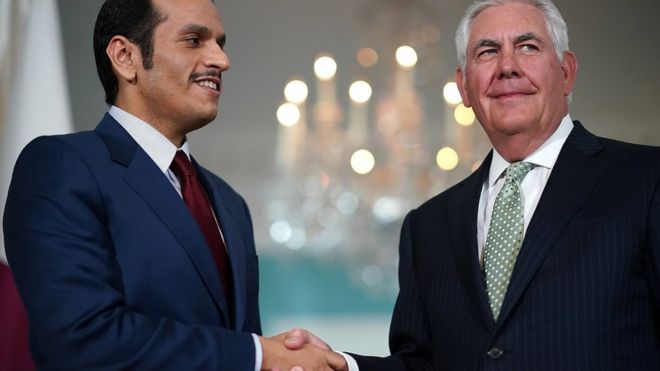 Qatari Foreign Minister Sheikh Mohammed Bin Abdul Rahman Al Thani shakes hands with US Secretary of State Rex Tillerson at the state department in Washington on 27 June 2017