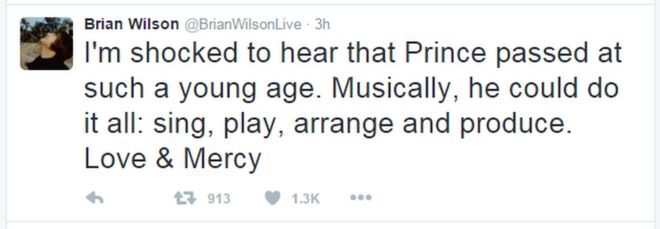 Твит от Брайана Уилсона: «Я шокирован, узнав, что Принц скончался в столь юном возрасте. В музыкальном плане он мог все это делать: петь, играть, аранжировать и продюсировать. Любовь & Милосердие & Quot;