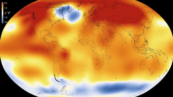 แนวโน้มความเปลี่ยนแปลงของอุณหภูมิเฉลี่ยทั่วโลกในปี 2015 จะสังเกตเห็นมวลความเย็นแอตแลนติกเหนือได้ที่มุมซ้ายบน