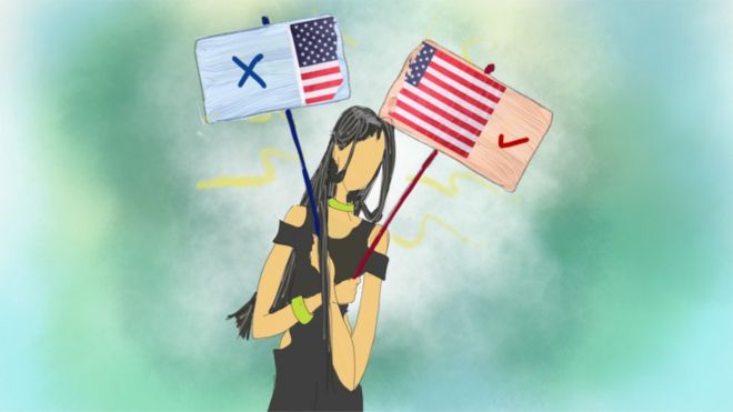 Иллюстрация женщина, держащая флаг США раскололась на две части