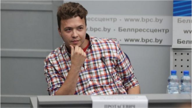 Roman Protasevich at media briefing in Minsk, 14 Jun 21