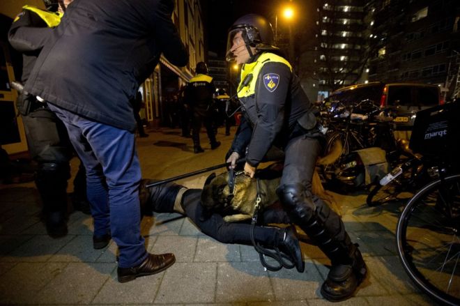 Полицейская собака кусает демонстранта после начала беспорядков в турецком консульстве в Роттердаме, Нидерланды, 12 марта
