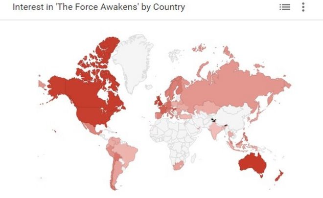 Карта Google Trends, показывающая глобальный интерес к новому фильму «Звездные войны» - 14 декабря 2015 года