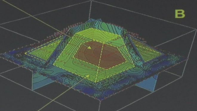 Un mapa en 3D que muestra la estructura oculta dentro de una pirámide maya