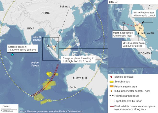 Карта, показывающая последние известные полеты полета MH370