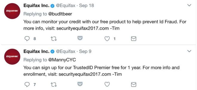 Equifax публикует неправильный веб-адрес в Твиттере