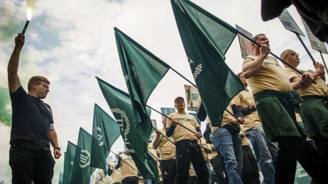 Supporters of the far-right The Third Way (Der Dritte Weg) movement march on May Day on May 1, 2019 in Plauen, Germany