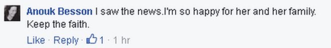 Анук Бессон пишет в Facebook: я видел новости. Я так рад за нее и ее семью. Сохранить веру.