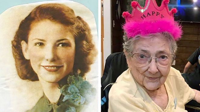 Montagem de duas fotos mostra Rose Marie Bentley quando jovem e já idosa