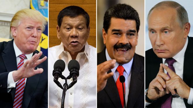A composite image showing Presidents Trump, Duterte, Maduro, and Putin