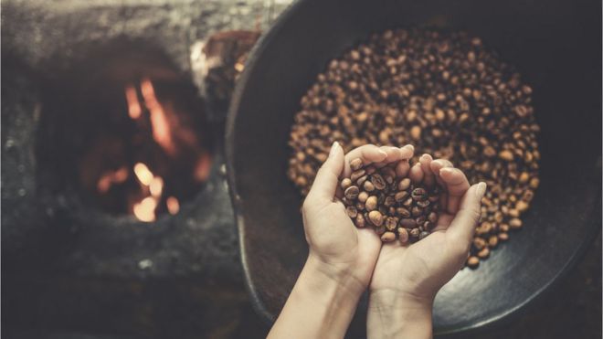 Женские руки, держа свежеобжаренный кофе в зернах над чашей рядом с огнем.