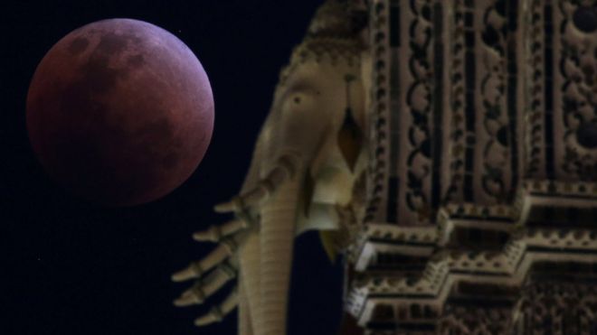 A "super blood blue moon" is seen behind an elephant statue during an eclipse at a temple in Bangkok, Thailand, 31 January, 2018.