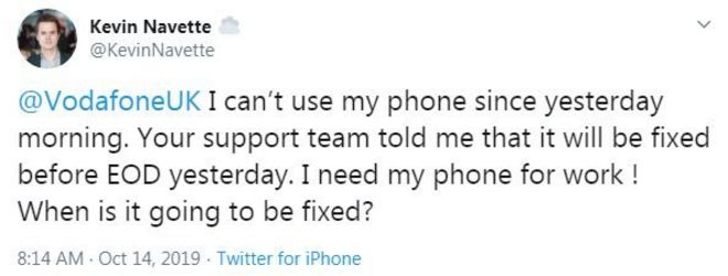 Твит от разгневанного клиента Vodafone Кевина Наветта