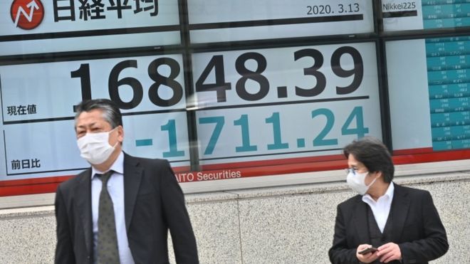 Pedestrians wearing face masks walk past an electronic board showing the numbers for the Nikkei 225 index on the Tokyo Stock Exchange in Tokyo (March 13, 2020)