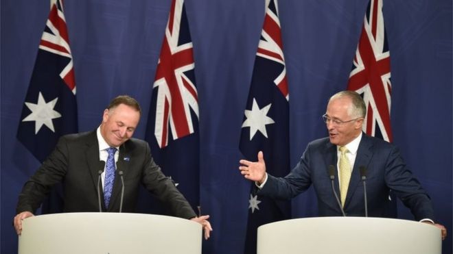 Премьер-министр Новой Зеландии Джон Ки и премьер-министр Австралии Малкольм Тернбулл в Сиднее (февраль 2016 г.)