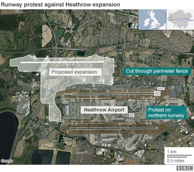 Карта с указанием места проведения протестов против расширения Хитроу и района предполагаемого расширения