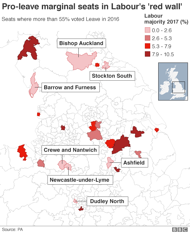 Карта, озаглавленная «Pro-Leave крайние места в« красной стене »лейбористов»
