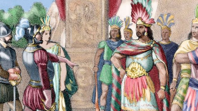 Una ilustración del encuentro entre Moctezuma II, que gobernó Tenochtitlán de 1502 a 1520, y el conquistador español Hernán Cortés.