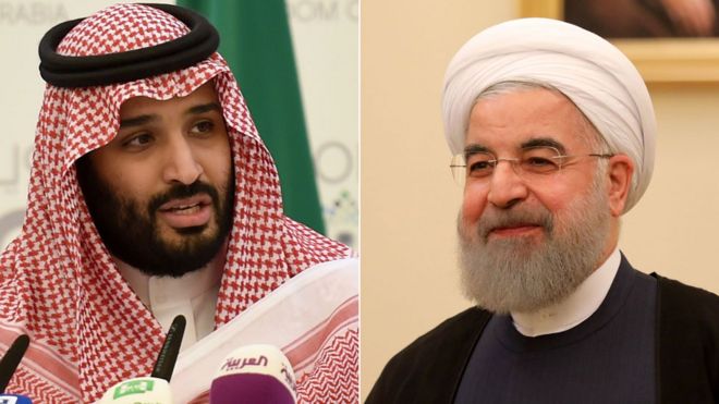 Saudi Crown Prince Mohammed bin Salman (L) and Iranian President Hassan Rouhani