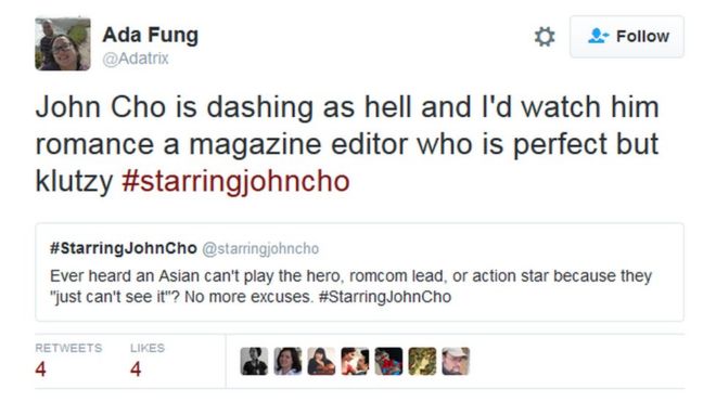 Ad Fung пишет в Твиттере: «Джон Чо чертовски хорош, и я бы посмотрел его романтика в журнальном редакторе, который безупречен, но клутзи # starringjohncho & quot;