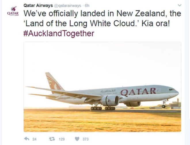 Qatar Airways написала в Твиттере о прибытии своего дальнемагистрального рейса
