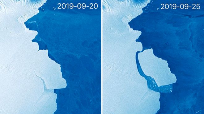 Imagem mostra iceberg se descolando de placa na Antártida