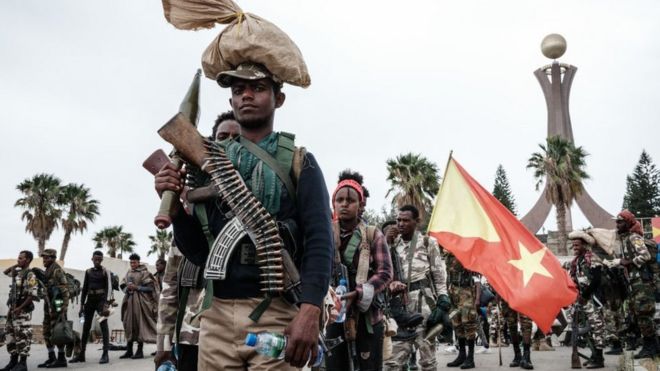Tigray People's Liberation Front (TPLF) fighters prepare to leave for another field at Tigray Martyr's Memorial Monument Center in Mekele, the capital of Tigray region, Ethiopia, on June 30, 2021