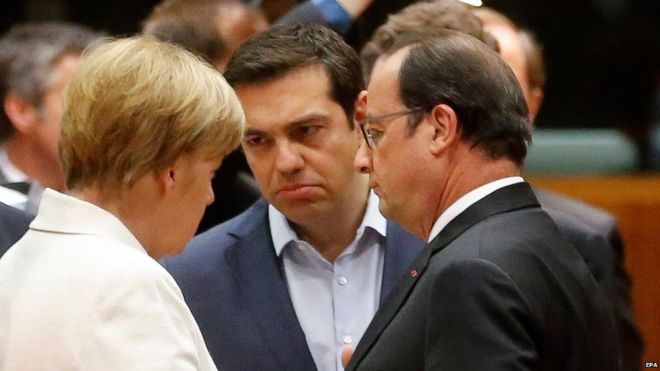 Ангела Меркель, Алексис Ципрас и Франсуа Олланд на переговорах в Брюсселе, 12 июля 2015 года