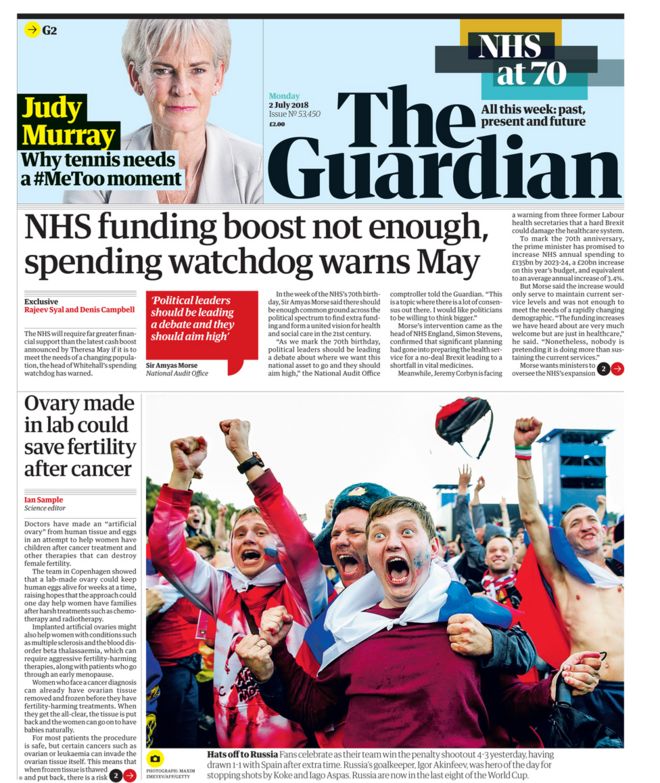 Guardian front page - 02/07/18