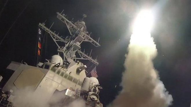 Handout photo of the USS Porter launching a missile strike in the Mediterranean (7 April 2017)