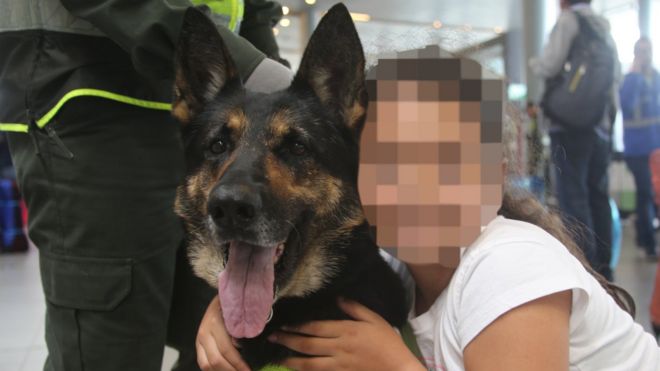 Cadela farejadora Sombra, da polícia colombiana, posa para foto com criança